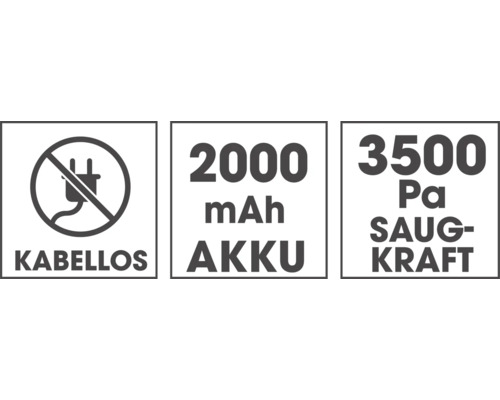 Kabelloses Gerät mit 2000 mAh Akku und 3500 Pa Saugkraft