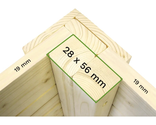 Detailansicht einer Ecke aus Holz mit den Maßen 28 x 56 Millimeter und 19 Millimeter