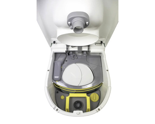 Innenansicht einer Campingtoilette mit geöffnetem Deckel