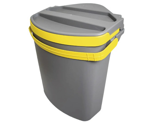 Grauer Abfalleimer mit gelbem Deckel für den Hornbach Webshop.