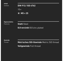 Zylinderschraube m. Innensechskant INBUS® DIN 912 Vollgewinde M5x25 mm 8.8 galv. verzinkt 10 Stück