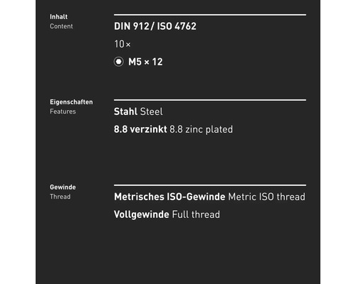 Informationen zu DIN 912, ISO 4762, M5 x 12 Schrauben, Stahl, 8.8 verzinkt, metrisches ISO-Gewinde und Vollgewinde.