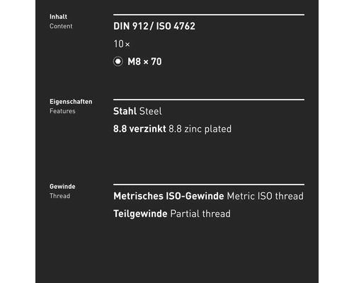 Informationen zu Schrauben: DIN 912/ISO 4762, 10 Stück, M8 x 70, Stahl, 8.8 verzinkt, metrisches ISO-Gewinde, Teilgewinde