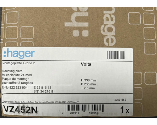 Hager Montageplatte Größe 2 für Gehäuse 24 Module