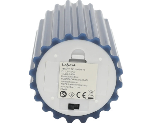 Lafiora LED Kerze Unterseite mit Batterieinformationen und An- und Ausschalter