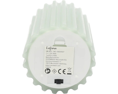 Lafiora Lampe, Unterseite mit Batteriefach und Herstellerinformationen
