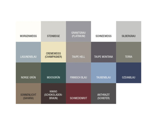 Farbmuster mit verschiedenen Farbtönen wie Morgenweiss, Steingrau, Granitgrau und vielen mehr