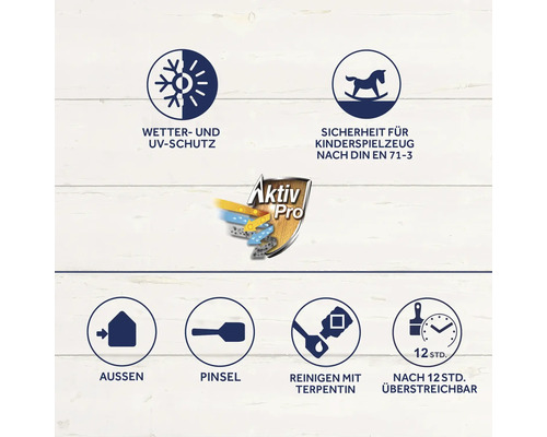 Informationen zu Wetterschutz, UV-Schutz, Sicherheit für Kinderspielzeug nach DIN EN 71-3, Verwendung im Aussenbereich, Reinigung mit Terpentin und Überstreichbarkeit nach 12 Stunden