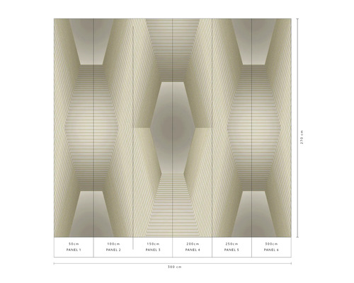 Tapete mit geometrischem Tunnelmuster und Größenangaben.
