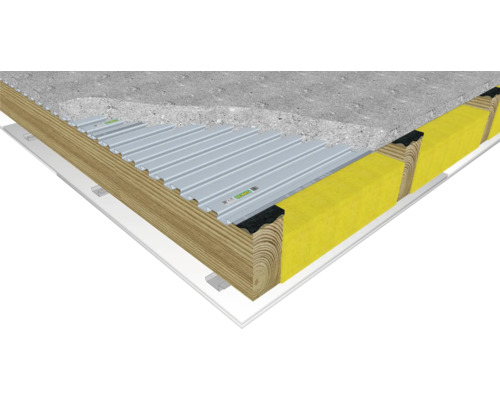 Illustration eines Dachaufbaus mit Trapezblech, Dämmung und Holzkonstruktion
