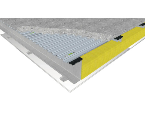 Querschnitt eines Dachaufbaus mit Betondecke, Trapezblech, Dämmwolle und Unterkonstruktion