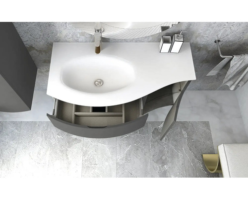 Badezimmerwaschtisch mit offenem Auszug und grauem Unterschrank