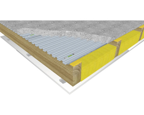 Dachaufbau mit Betondecke, Trapezblech, Dämmwolle und Holzkonstruktion