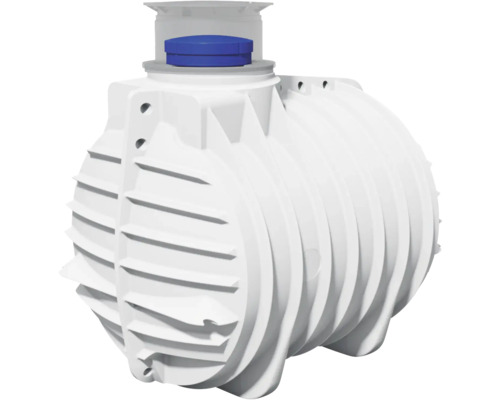 Weiße Zisterne aus Kunststoff mit blauem Deckel