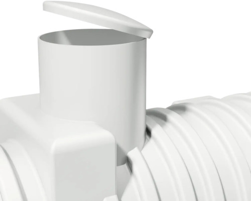 Detailansicht eines Sickerschachtes aus Kunststoff mit Inspektionsrohr und Deckel