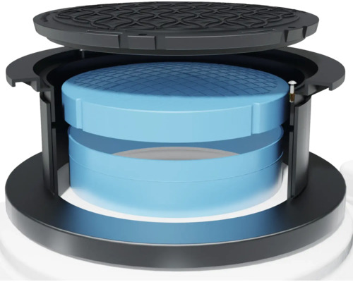 Geöffnete Revisionsschacht mit blauen Filterelementen