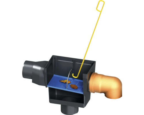Aufsicht auf einen Hofablauf mit Laubfangkorb und Reinigungswerkzeug
