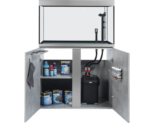 Aquarium mit Unterschrank und Zubehör wie Filter, Reiniger und Pflegeprodukten