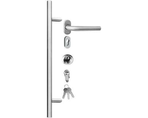 Edelstahl-Schutzbeschlag-Set mit Türgriff, Zylinder, Schlüssel und Montagematerial