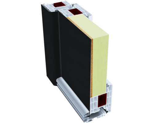 Querschnitt einer Tür mit Kunststoffrahmen und Dämmmaterial