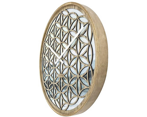 Runde Wanduhr mit Holzrahmen und Blumenmuster