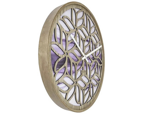 Runde Holzwanduhr mit floralem Muster und Zeitanzeige