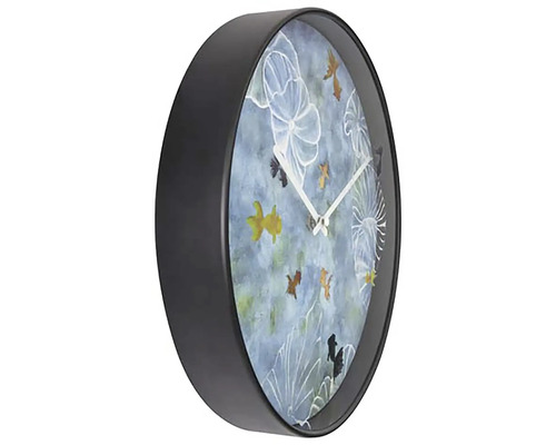 Wanduhr mit Fischmotiven und schwarzem Rahmen