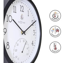 Wanduhr mit Thermometer für den Innen- und Außenbereich sowie Symbole für Wetterfestigkeit und Temperaturanzeige
