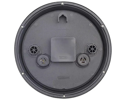 Rückseite einer runden Uhr mit Batteriefach und Aufhängevorrichtung.