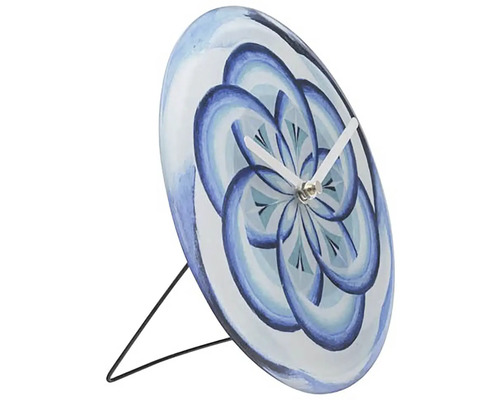 Tischuhr mit blauem Blütenmuster und Metallfuß
