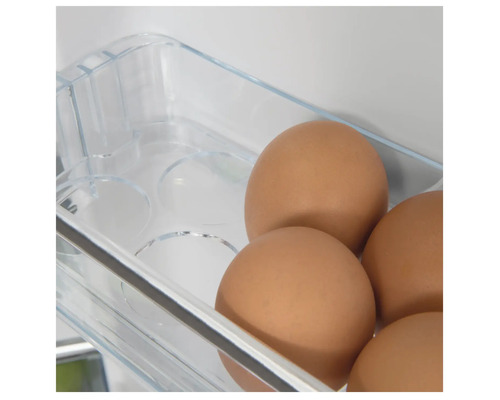 Eier in einem durchsichtigen Eierbehälter im Kühlschrank
