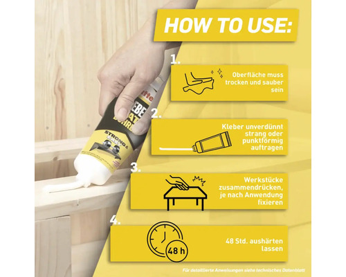 Anleitung zur Verwendung von Montagekleber in vier Schritten.