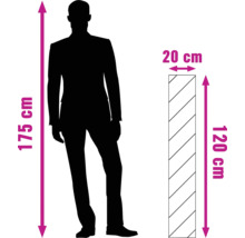Größenvergleich: Person mit 175 Zentimeter neben Paneel mit 120 x 20 Zentimeter