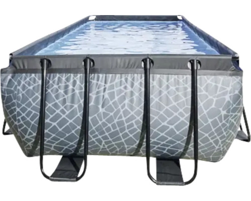 Rechteckiger Framepool mit grauer Steinmuster-Verkleidung und Stahlrahmen