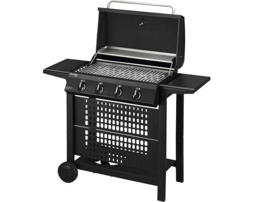 Schwarzer Gasgrill mit vier Brennern, Grillrost und Ablageflächen.