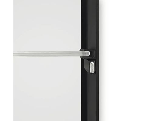 Detailansicht eines Regals mit Metallrahmen und Glasboden