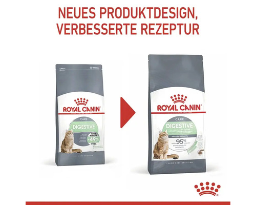 Zwei Packungen Royal Canin Digestive Katzenfutter mit neuem Produktdesign und verbesserter Rezeptur.