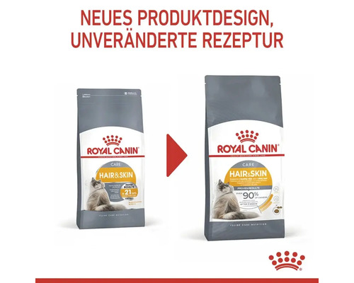 Royal Canin Logo. Katzenfutter zur Pflege von Haut und Fell im neuen Produktdesign.