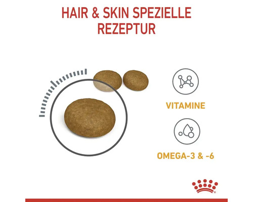 Hundefutter mit spezieller Rezeptur für Haut und Fell, angereichert mit Vitaminen sowie Omega-3- und Omega-6-Fettsäuren