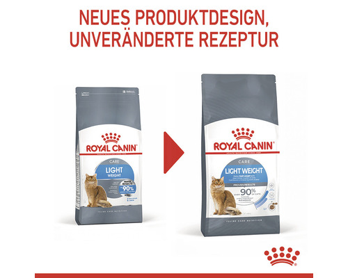 Royal Canin Logo. Zwei Verpackungen Royal Canin Light Weight Katzenfutter mit neuem Produktdesign.