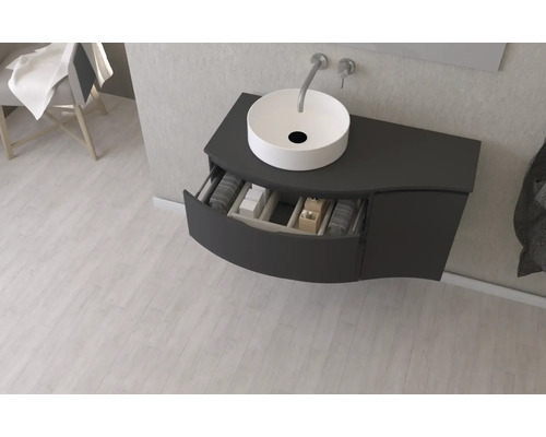 Waschtisch mit offenem Schubfach und Aufsatzwaschbecken