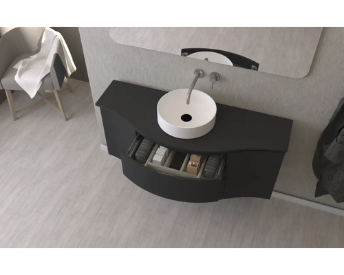 Badezimmer mit Waschtischunterschrank, Aufsatzwaschbecken und offenem Schubfach