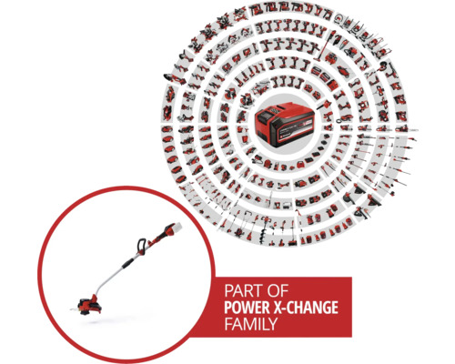 Teil der Power X-Change Familie mit Akku und Rasentrimmer