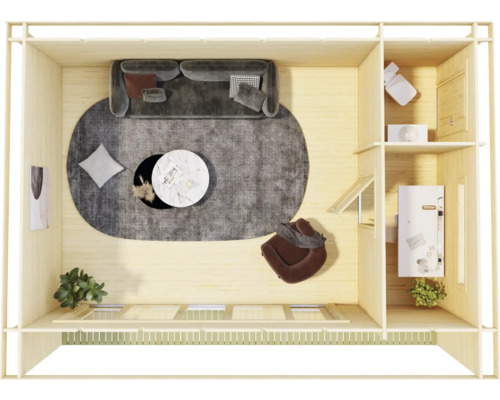 Draufsicht eines Holzhauses mit Wohnzimmer und Bad