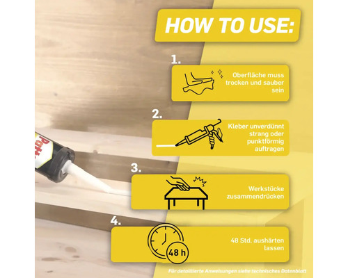 Anleitung zur Verwendung von Klebstoff in vier Schritten: Oberfläche reinigen, Kleber auftragen, Werkstücke zusammenfügen und 48 Stunden aushärten lassen.