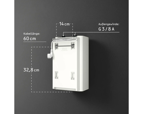 Rückansicht Warmwassergerät mit Maßangaben zu Kabellänge, Außenwand und Gerätemaßen