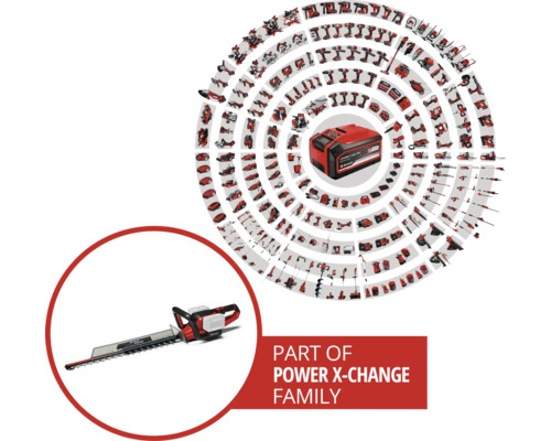 Darstellung des Power X-Change Akkusystems mit Akku und Heckenschere