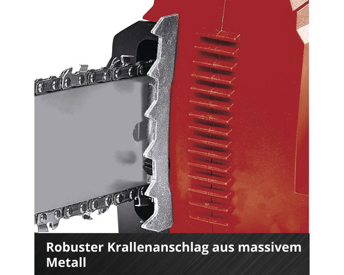 Detailaufnahme einer Kettensäge mit massivem Krallenanschlag aus Metall