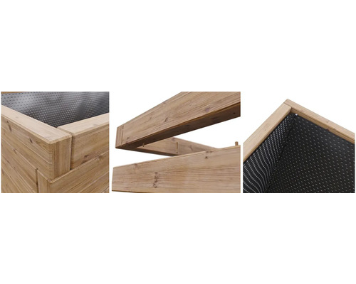 Detailansichten eines Hochbeets aus Holz mit Noppenfolie
