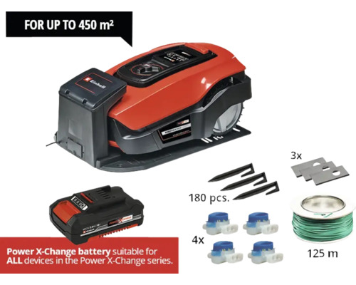 Mähroboter Einhell Power X-Change Freelexo 450 Bluetooth inklusive 2 Ah Akku Einhell Mähroboter mit Zubehör für eine Rasenfläche bis zu 450 Quadratmeter